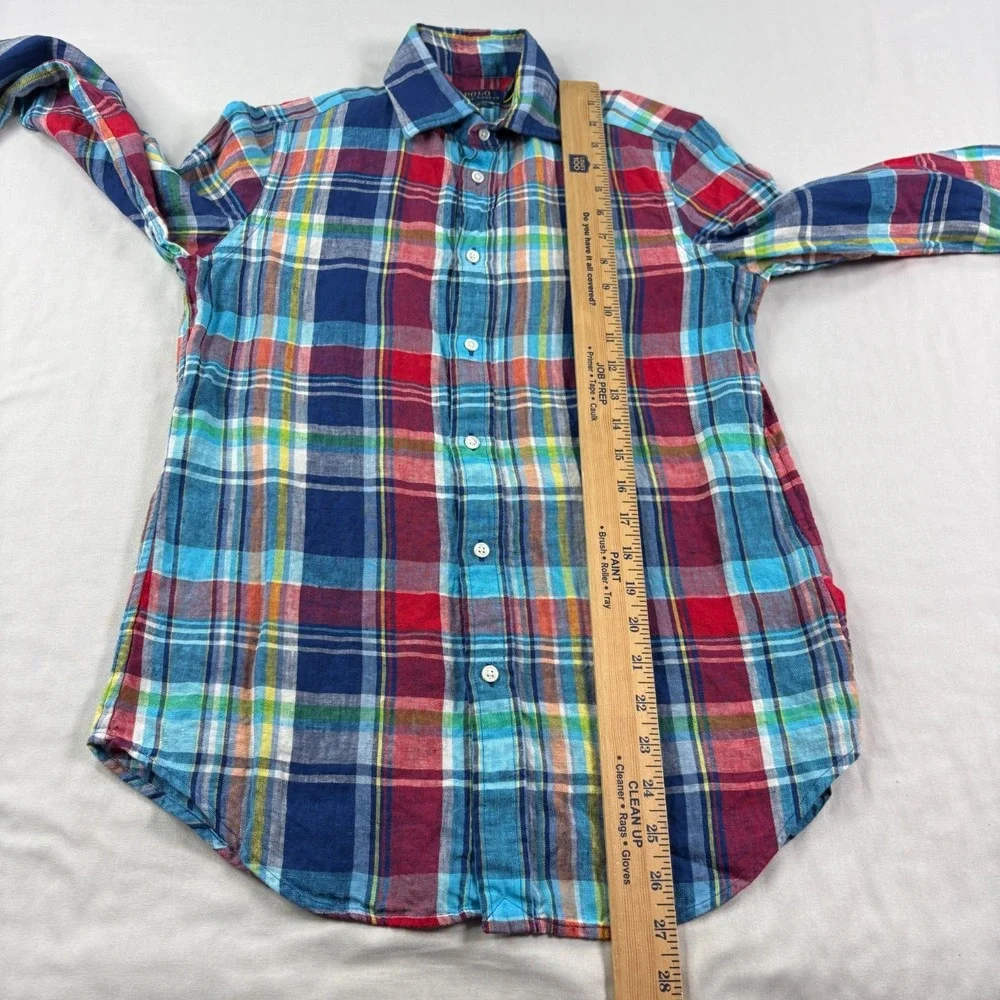 Polo Ralph Lauren Linen Shirt Mens Small Blue Plaid Button Up Classic Fit Beach
